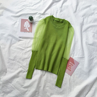 Női pulóver zöld, fehér, fekete és barna színben, az ujjakon tüll