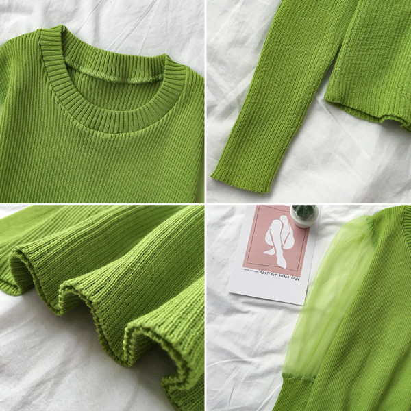 Női pulóver zöld, fehér, fekete és barna színben, az ujjakon tüll