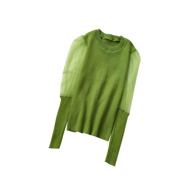 Női pulóver zöld, fehér, fekete és barna színben, az ujjakon tüll