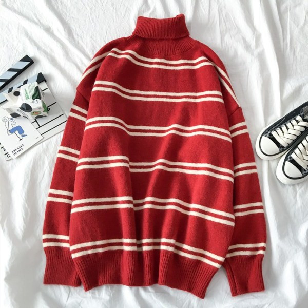 Ριγέ γυναικείο πουλόβερ σε μαύρο και κόκκινο χρώμα με κολάρο 