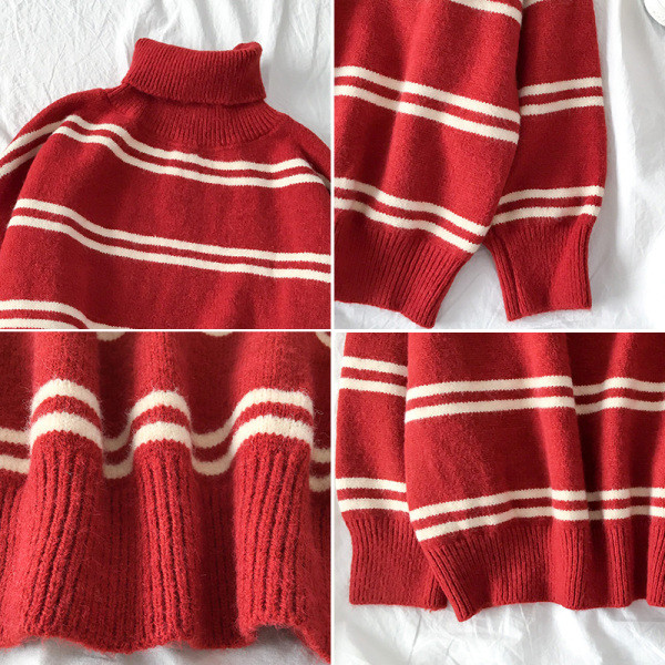 Ριγέ γυναικείο πουλόβερ σε μαύρο και κόκκινο χρώμα με κολάρο 