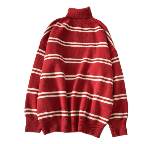 Ριγέ γυναικείο πουλόβερ σε μαύρο και κόκκινο χρώμα με κολάρο 