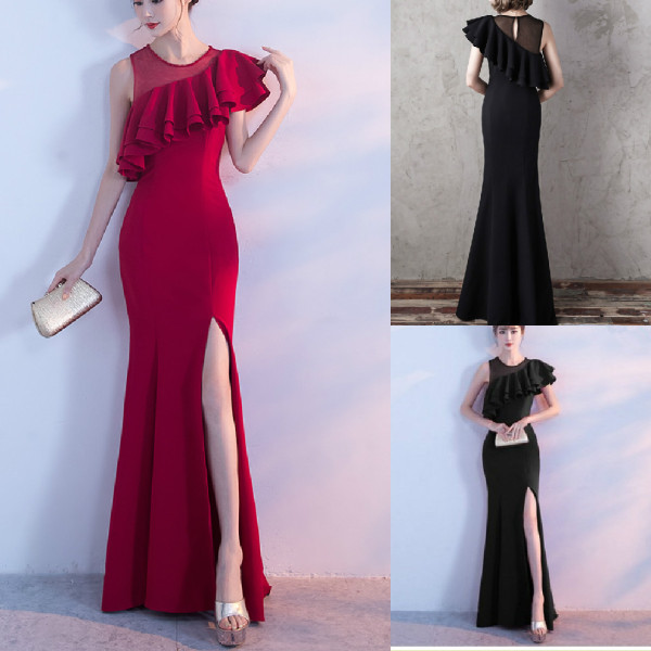 Κομψό γυναικείο φόρεμα με τούλι και βολάνς σε μαύρο και κόκκινο χρώμα