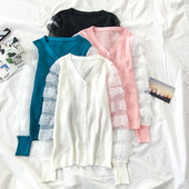 Női kardigán fehér, rózsaszín, kék és fekete színben, csipkével és V-nyakkal