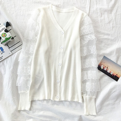 Női kardigán fehér, rózsaszín, kék és fekete színben, csipkével és V-nyakkal