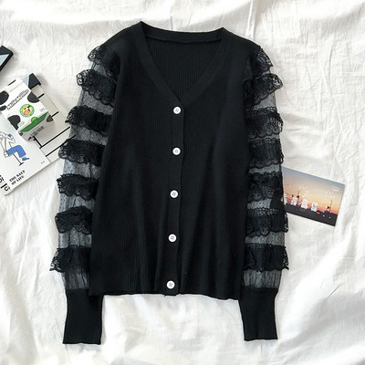 Női kardigán fehér, rózsaszín, kék és fekete színben, csipkével és V-nyakkal