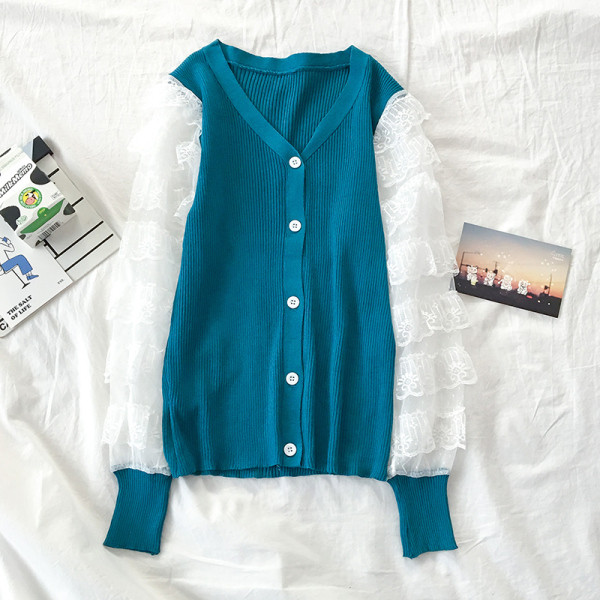 Női kardigán fehér, rózsaszín, kék és fekete színben, csipkével és V-nyakkal