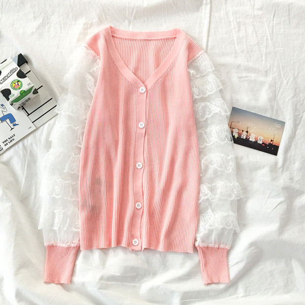 Női kardigán fehér, rózsaszín, kék és fekete színben, csipkével és V-nyakkal