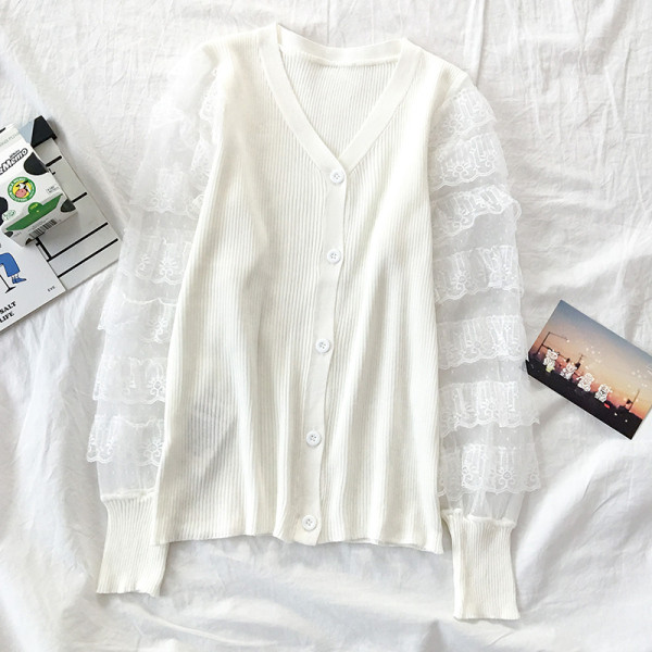 Női kardigán fehér, rózsaszín, kék és fekete színben, csipkével és V-nyakkal