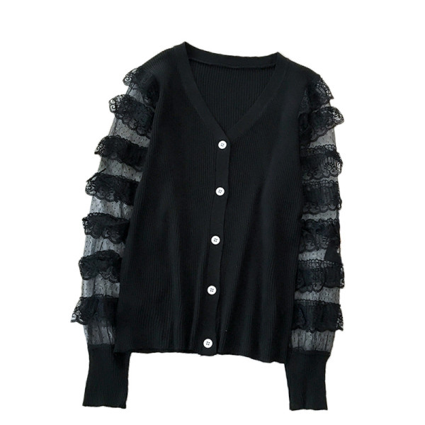 Női kardigán fehér, rózsaszín, kék és fekete színben, csipkével és V-nyakkal