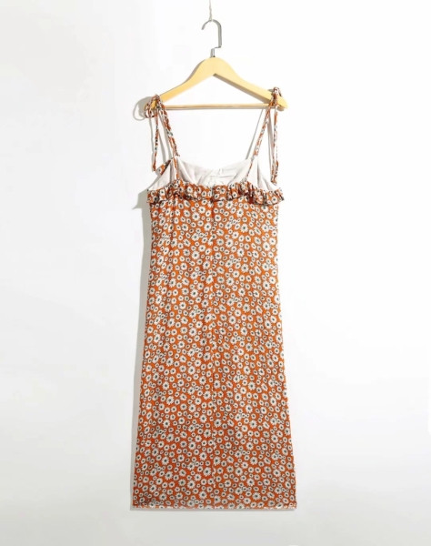 Γυναικείο καλοκαιρινό φόρεμα με βολάν και λεπτό ιμάντα ώμου σε πορτοκαλί χρώμα 