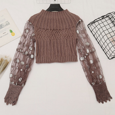 Γυναικείο πουλόβερ σε μαύρο, ροζ, καφέ και λευκό με πούλιες και δαντέλες