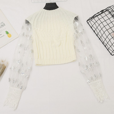 Γυναικείο πουλόβερ σε μαύρο, ροζ, καφέ και λευκό με πούλιες και δαντέλες