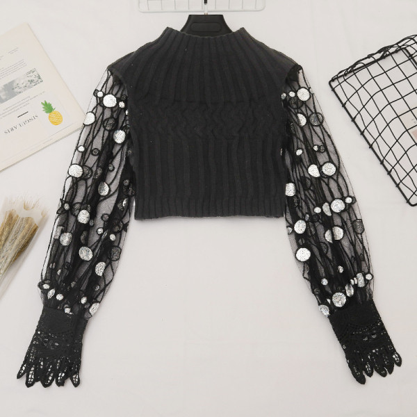 Γυναικείο πουλόβερ σε μαύρο, ροζ, καφέ και λευκό με πούλιες και δαντέλες