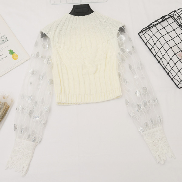 Γυναικείο πουλόβερ σε μαύρο, ροζ, καφέ και λευκό με πούλιες και δαντέλες