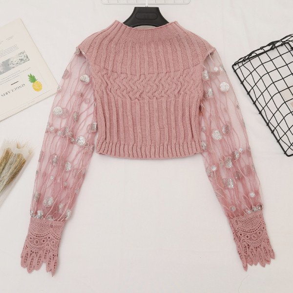 Γυναικείο πουλόβερ σε μαύρο, ροζ, καφέ και λευκό με πούλιες και δαντέλες