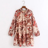 Γυναικείο Casual Φόρεμα με κορδόνια στη λαιμόκοψη σε μπεζ χρώμα με φλοράλ πριντ