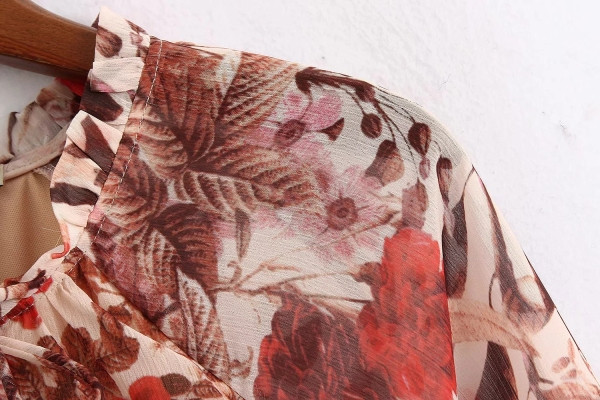 Γυναικείο Casual Φόρεμα με κορδόνια στη λαιμόκοψη σε μπεζ χρώμα με φλοράλ πριντ