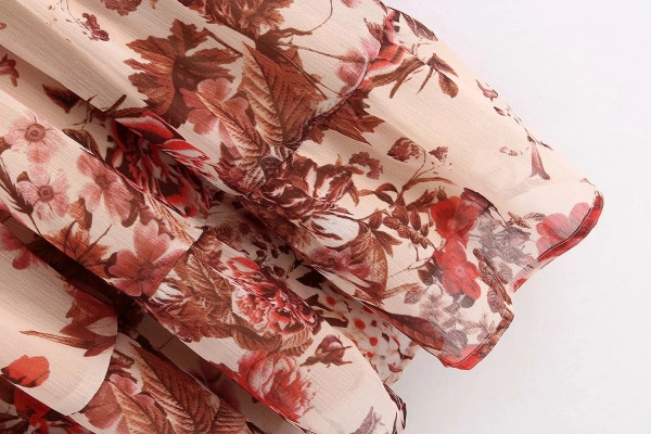 Γυναικείο Casual Φόρεμα με κορδόνια στη λαιμόκοψη σε μπεζ χρώμα με φλοράλ πριντ