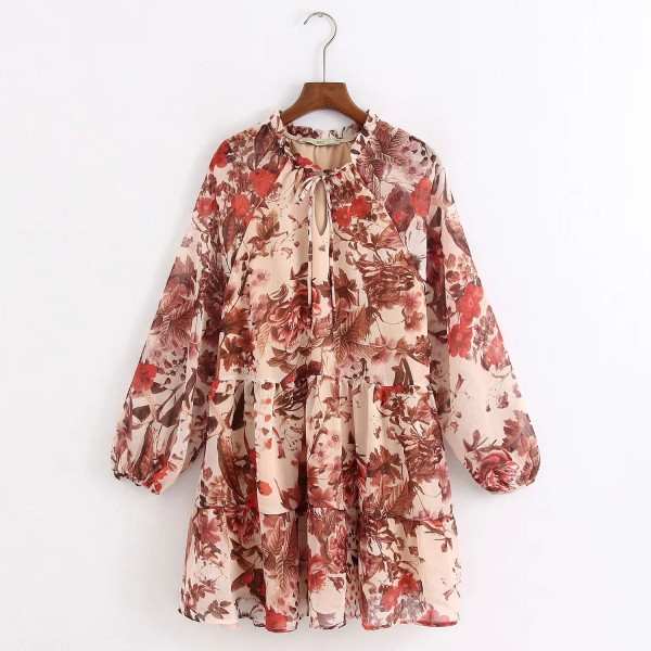 Γυναικείο Casual Φόρεμα με κορδόνια στη λαιμόκοψη σε μπεζ χρώμα με φλοράλ πριντ