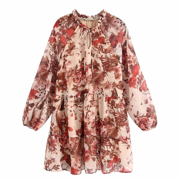 Γυναικείο Casual Φόρεμα με κορδόνια στη λαιμόκοψη σε μπεζ χρώμα με φλοράλ πριντ