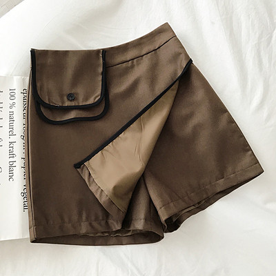 Női rövid szoknya-nadrág barna, fekete és szürke színben, zsebbel és magas derékkal