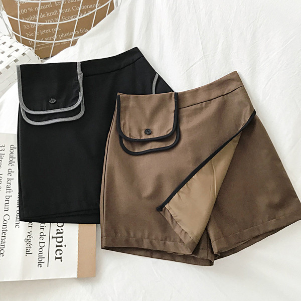 Női rövid szoknya-nadrág barna, fekete és szürke színben, zsebbel és magas derékkal