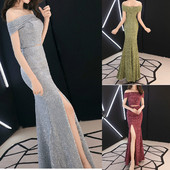 Κομψό γυναικείο μακρύ φόρεμα με σχίσημο σε ασήμι, χρυσό και κόκκινο χρώμα