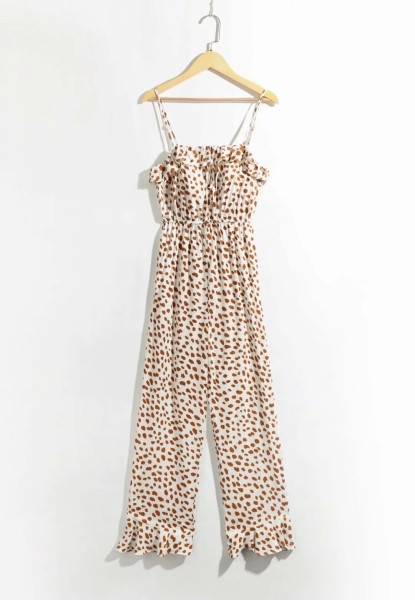 Nyári női overall fürtökkel és vékony pántokkal, fehér és barna színben