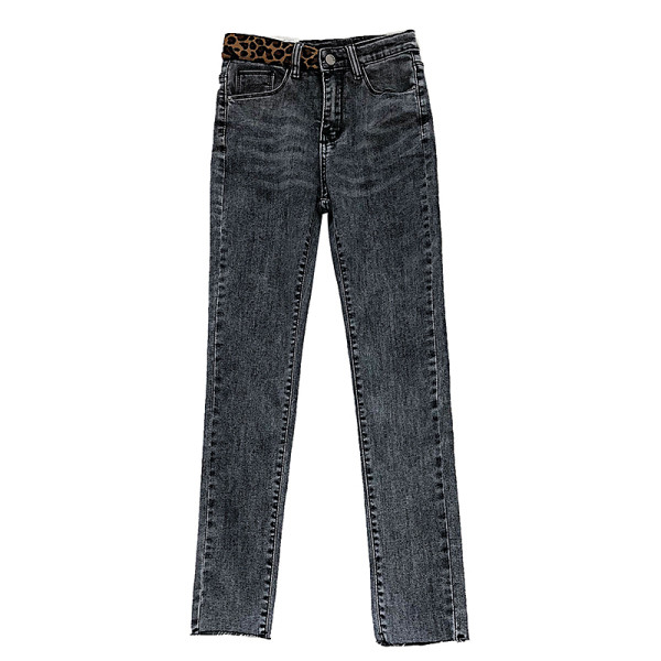 Modern női farmer kék és szürke színben, magas derékkal és leopárd mintával