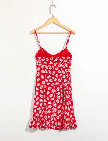 Σύντομο καλοκαιρινό φόρεμα με λεπτές λωρίδες και βολάν σε κόκκινο χρώμα με floral print