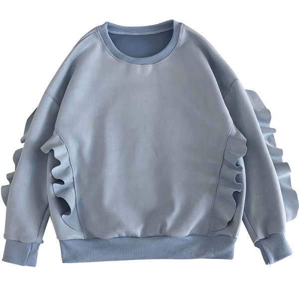 Γυναικεία μπλούζα σε ροζ, άσπρο και μπλε χρώμα με στρογγυλή λαιμόκοψη και βολάν