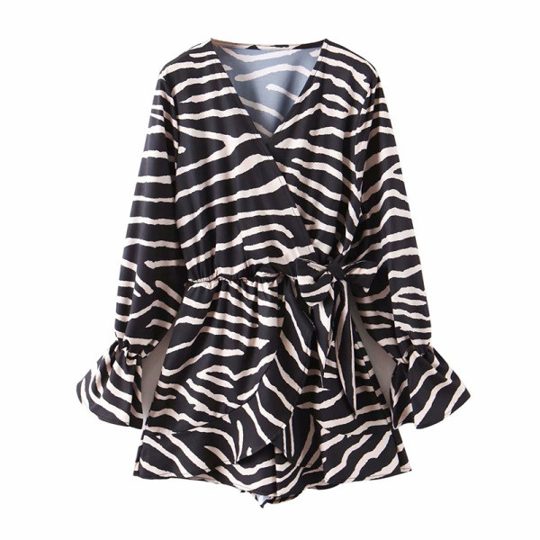 Μοντέρνα γυναικεία ολόσωμη φόρμα με βολάν και V-λαιμόκοψη σε ζέβρα πριντ