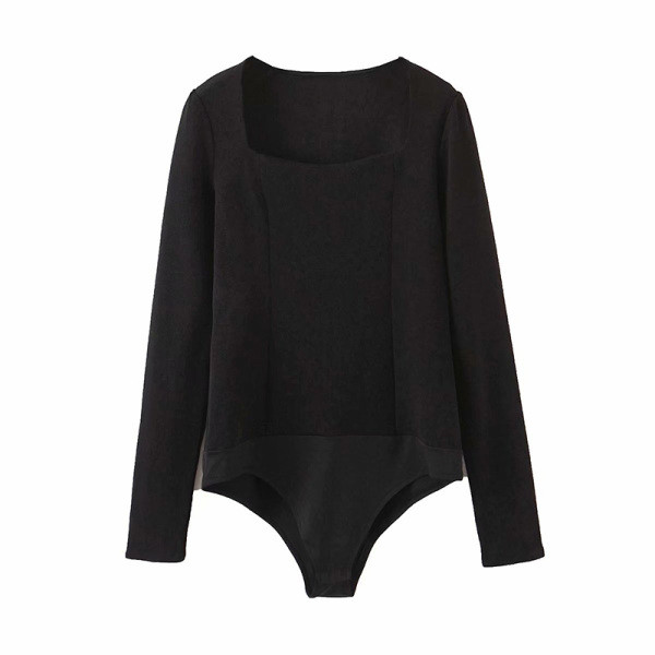 Női testhez szabott test négyzet alakú nyakkivágással és hosszú ujjú fekete színben