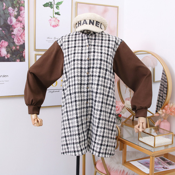 Rochie de dama in carouri cu curea, nasturi si maneci lungi in bej, negru si maro