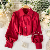 Stílusos női ing széles ujjal és klasszikus gallérral piros, fekete és bézs színben