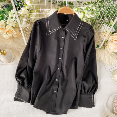 Stílusos női ing széles ujjal és klasszikus gallérral piros, fekete és bézs színben