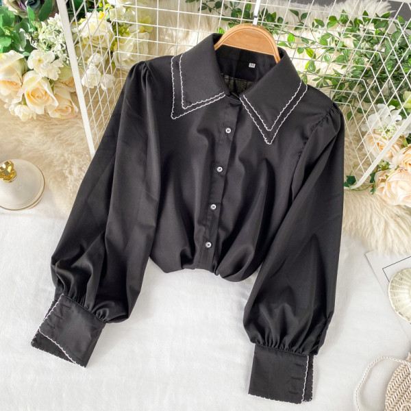 Stílusos női ing széles ujjal és klasszikus gallérral piros, fekete és bézs színben