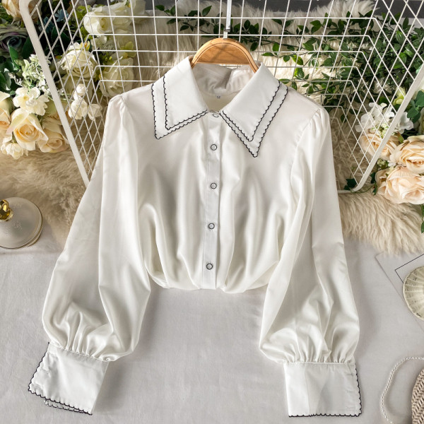 Stílusos női ing széles ujjal és klasszikus gallérral piros, fekete és bézs színben