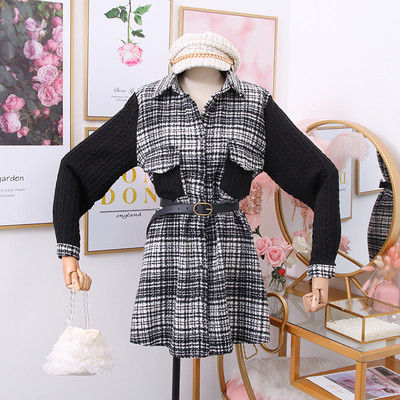 Modern női ruha klasszikus gallérral, övvel és hosszú ujjú bézs, fekete és piros színben - retro stílus