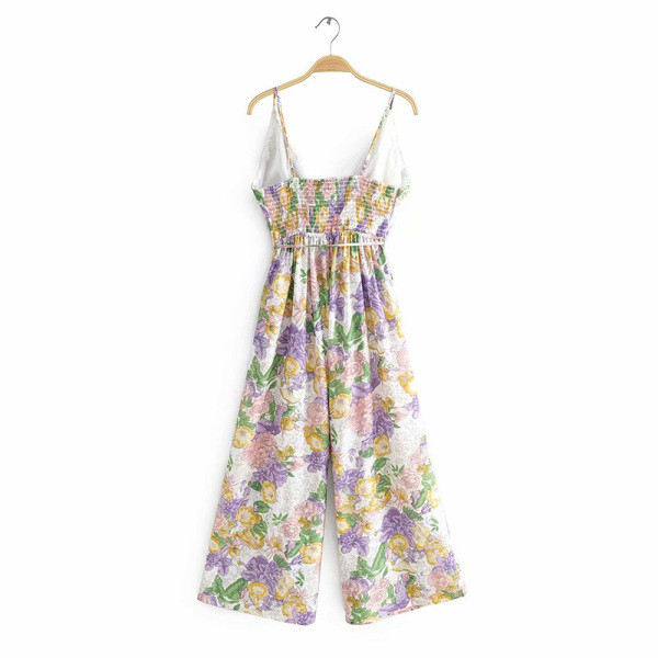 Női nyári jumpsuit fürtökkel és mély V-nyakkal, virágmintával