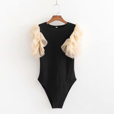 Corp de damă modern, cu decolteu oval, cu mâneci scurte din tul negru