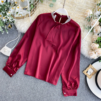 Modern női ing hosszú ujjal és alacsony gallérral zöld, bézs, bordó, rózsaszín, fehér és fekete színben