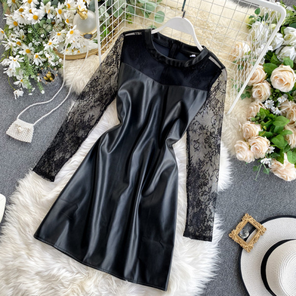 Γυναικείο ρετρό στυλ φόρεμα με δαντελωτά μανίκια σε μαύρο χρώμα