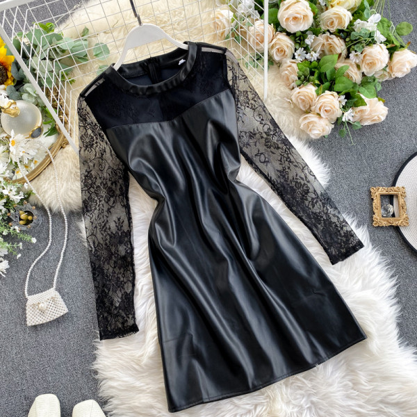 Γυναικείο ρετρό στυλ φόρεμα με δαντελωτά μανίκια σε μαύρο χρώμα