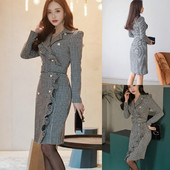 Stílusos női kockás ruha gombokkal, hosszú ujjakkal és spitz nyakkivágással