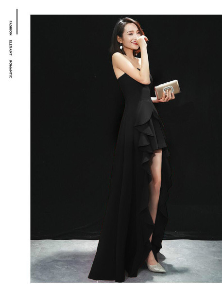 Rochie eleganta de dama cu bretele subtiri - model asimetric in negru si rosu