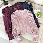 Modern női blúz flitterekkel és puffos ujjakkal bordó, rózsaszín, kék, barna, fehér és fekete színben