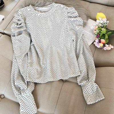 Modern női blúz flitterekkel és puffos ujjakkal bordó, rózsaszín, kék, barna, fehér és fekete színben