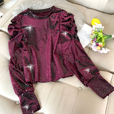 Modern női blúz flitterekkel és puffos ujjakkal bordó, rózsaszín, kék, barna, fehér és fekete színben